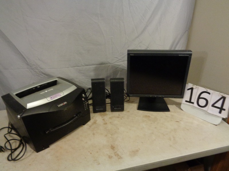 lot 164 image: NEC MultiSync LCD 18 Monitor, Speakers, and Printer