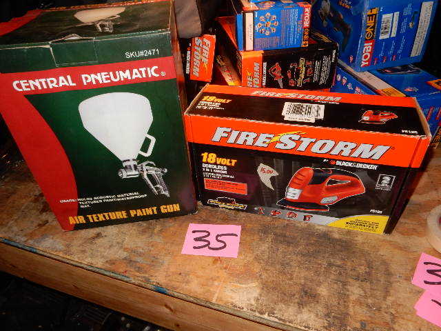 lot 35 image: Central Pneumatic, Air Texture gun  Black and Decker, Firestorm 18 Vold Cordless 3 in 1 Sander