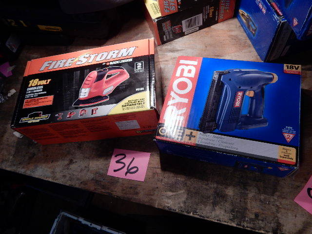 lot 36 image: Ryobi, NailerStapler  Black and Decker, Cordless 3 in 1 Sander