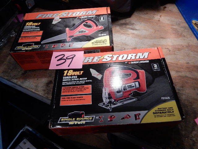 lot 39 image: Black and Decker, Firestorm 18 Volt Cordless Orbital Action Jigsaw  18 Volt Cordless Powered Hand Saw..