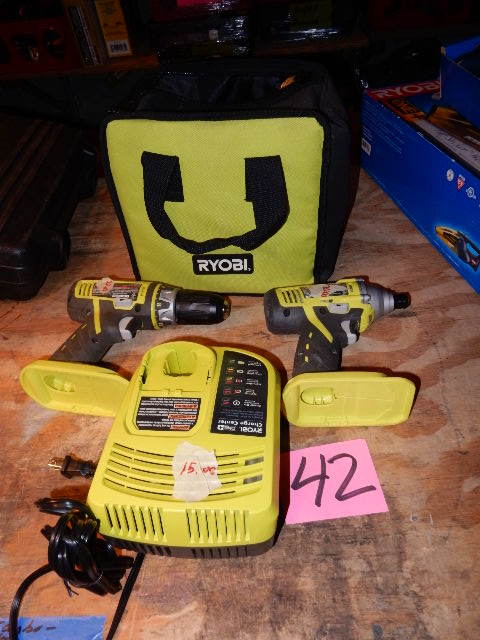 lot 42 image: Ryobi, Cordless Drills and Charger and Bag.. No batteries