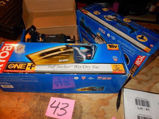 lot 43 image: 3 Ryobi, Cordless Tools,  4 12 in Angle Grinder WedDry Vac Speed Saw