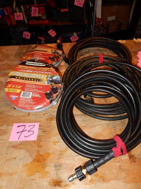 lot 73 image: 5, UNIVERSAL power washer hoses.. 25in x 14in Up to 2250 psi  3, 25ftx 14 in no name.. 2600psi pressure washer hoses