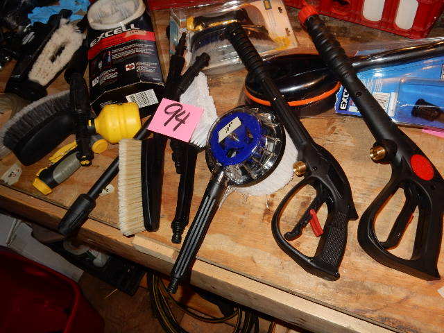 lot 94 image: Large lot of Power washer accessories.. Brushes, sprayer handles, Squeegee.