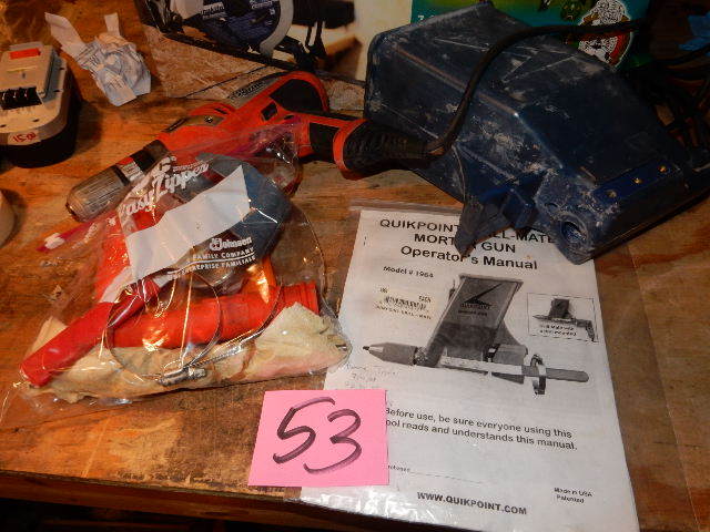 lot 53 image: Quickpoint, Drill-Mate, Mortar Gun.. Includes Fine Storm Black and Decker Electric Drill
