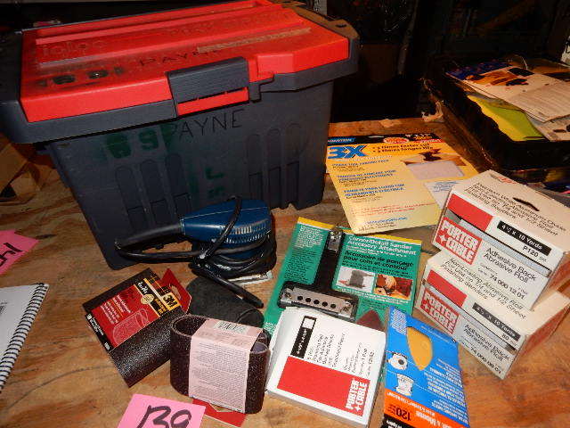 lot 139 image: IGLOO PACK MASTER Plastic tool box.. Ryobi palm sander and abrasives