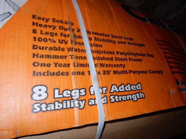 lot 143 image: BRAVO, 10 x 20 MOTO SHADE, 8 leg car shelter.. New in box, but box damaged.. Please inspect.