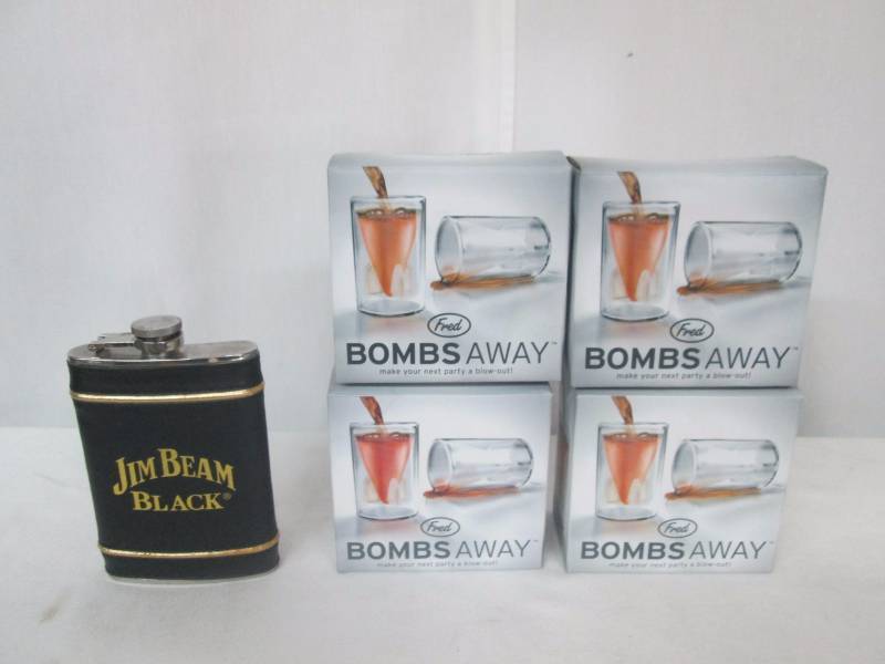 Jim Beam Flask and 8 Bombs Away Shot Glasses