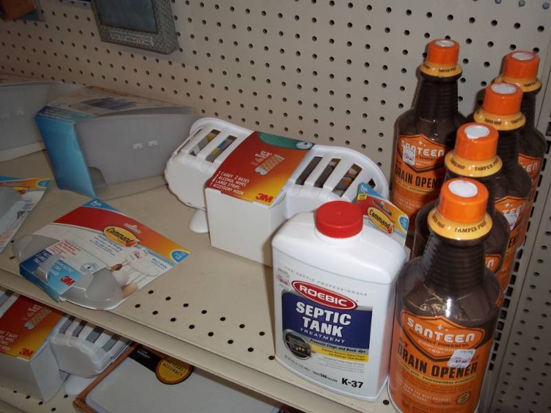 lot 187 image: 4 ft Shelf Lot includes Command Hooks, Drain Opener, etc