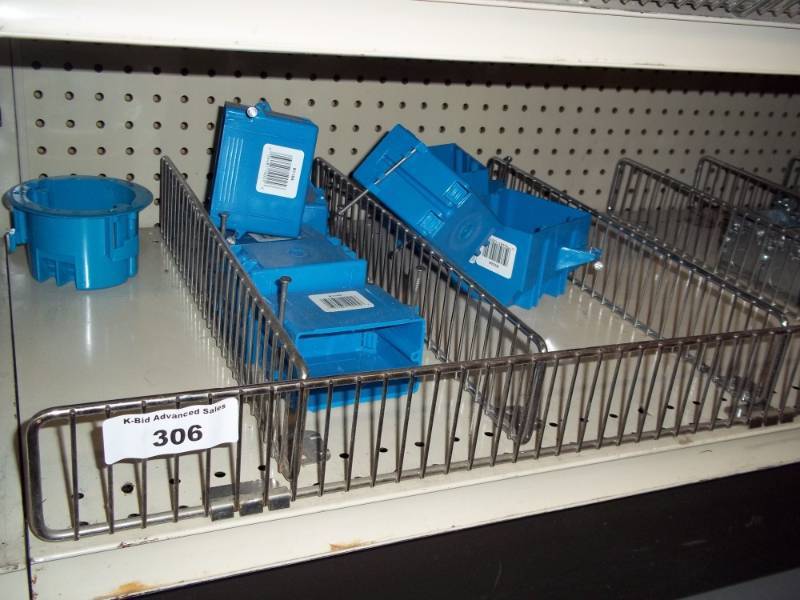 lot 306 image: 4 ft Shelf Lot includes Metal and Plastic Electrical Boxes