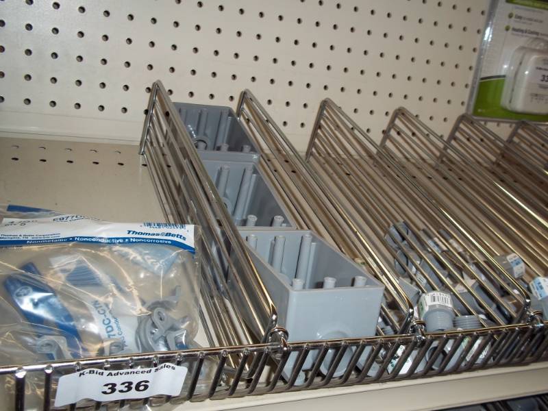 lot 336 image: 4 ft Shelf of Conduit parts, Electrical parts, etc