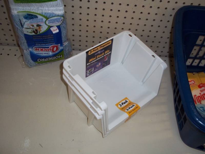 lot 382 image: Clothes Basket, Brushes. Set of 3 Stacking Bins, etc