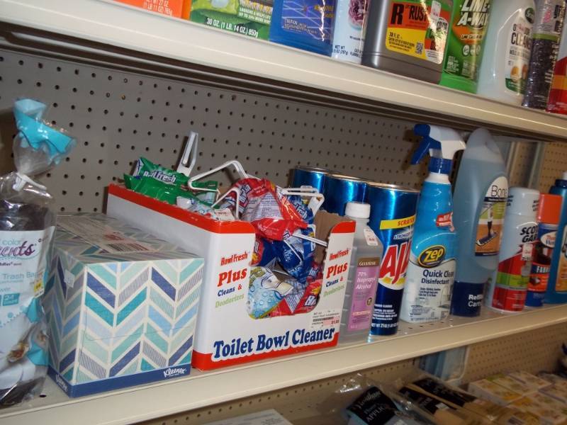 lot 389 image: 4 ft Shelf Lot with misc cleaners including 1 box kleenex