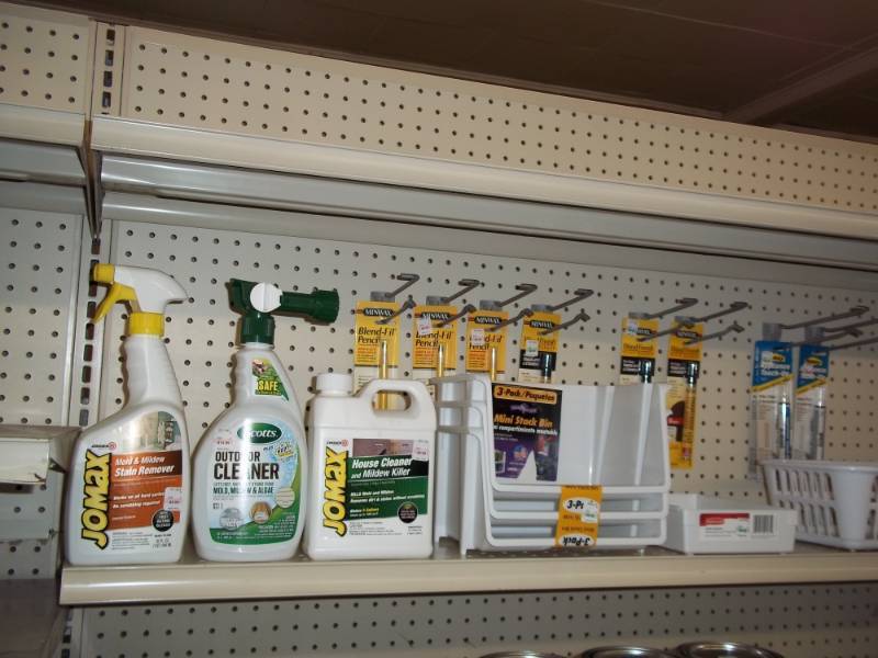 lot 393 image: 4 ft Shelf and Wall Lot includes wood touch up markers, 3 pc stacking bin, Household cleaners