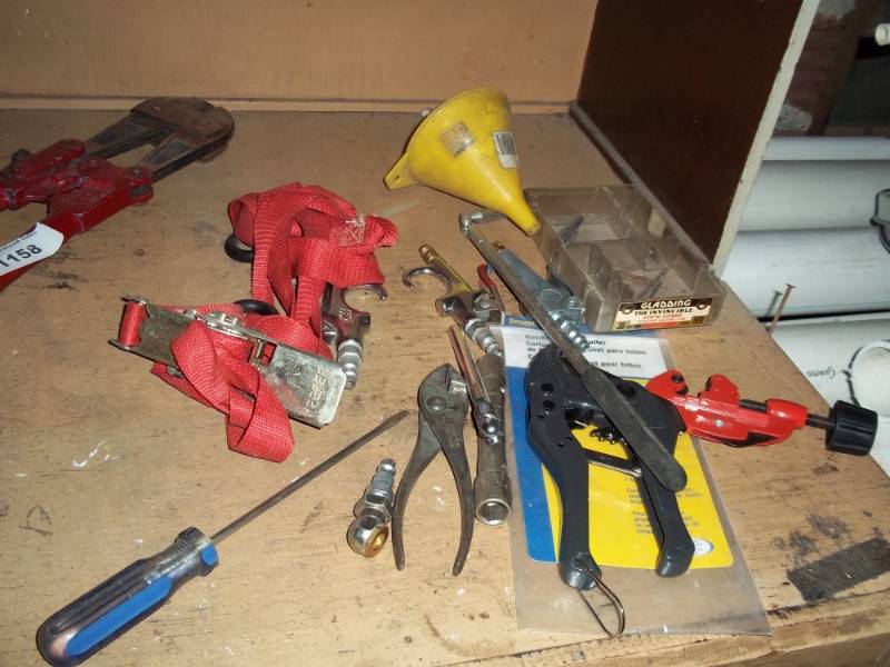 lot 1159 image: Used Tools, Pipe Cutters, Tie Down Straps, Air Compressor ends