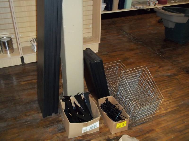 lot 1218 image: Used Shelving with shelves brackets and baskets, Fits Item #1206