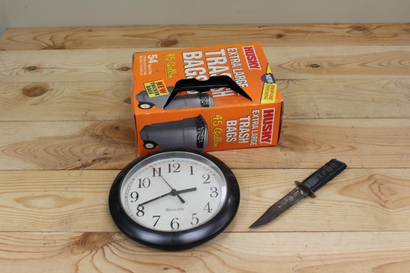 Trash bags, Clock, and Knife