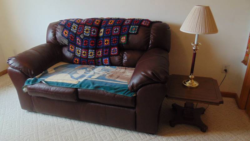 Brown Couch, End Table, Lamp