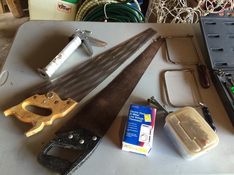 lot 43 image: Assorted Socket sets and hand tools  2 coping saws and 2 hand saws, and 1 Thermostat (new)
