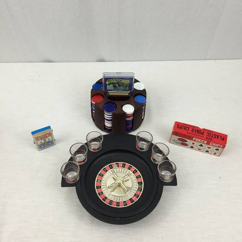 lot 086 image: Gambling Poker Lot - Chips - Cards - Roulette Wheel with Shot Glass Party Set - Dice - Be Your Own Las Vegas