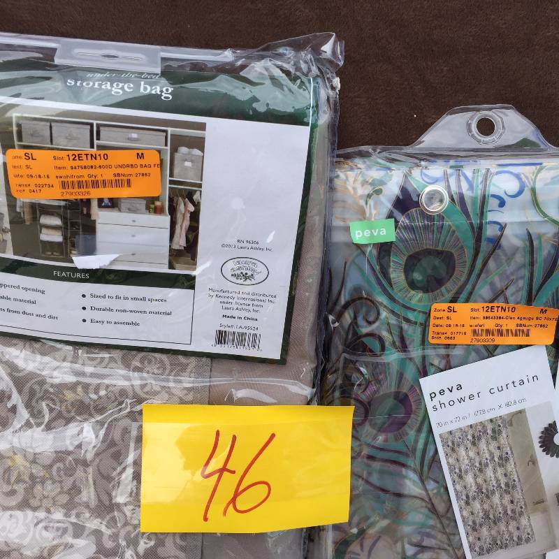 lot 46 image: Lot of household Items- Storage unit and shower curtain
