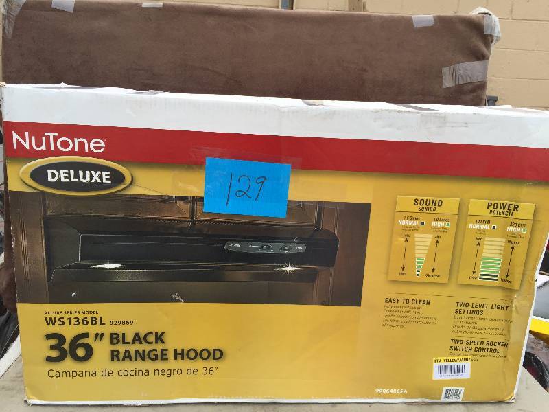 lot 129 image: Nutone 36 black Hood Range- dented