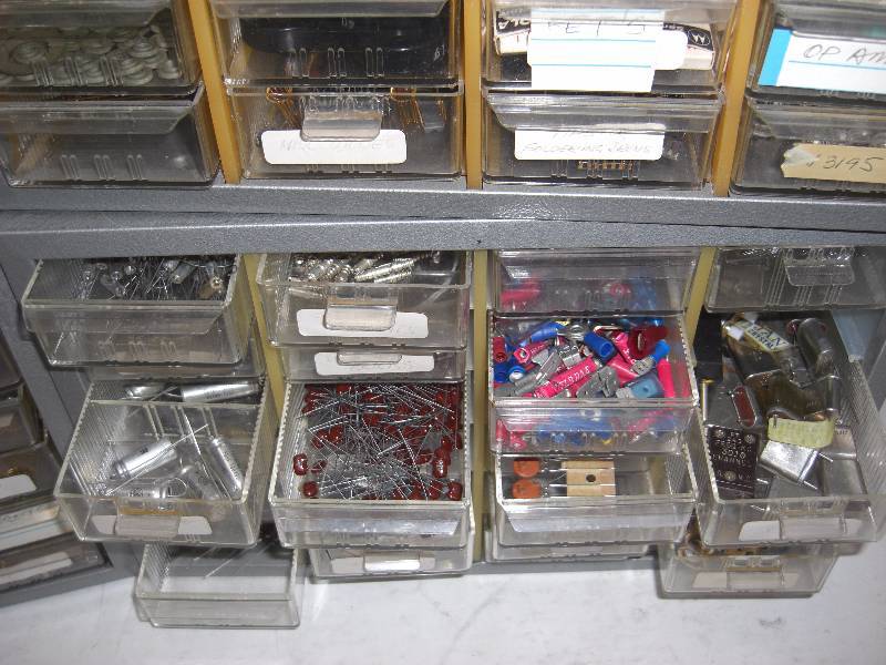100s Vintage Electronic Components in Table Top Storage Drawers