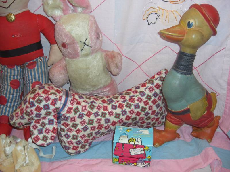 Vintage Nursery Hand Embroidered Baby Quilt Top & Vintage Stuffed Toys