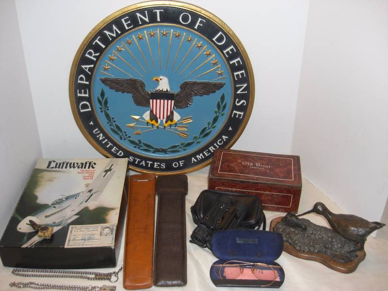 Grandads Den - US Dept of Defense, Lowry GI Pass Slide Rules, Tobacco Tin, Binoculars