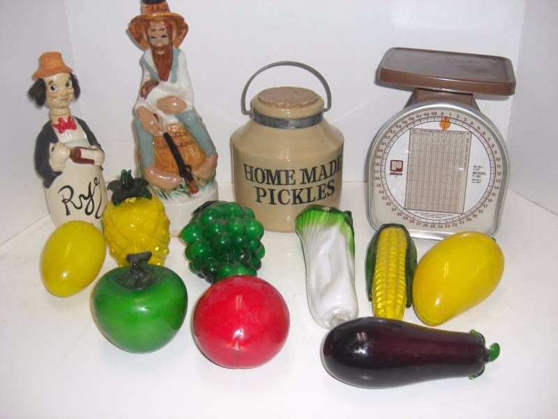 Kitchen Whimsy Glass Fruit, Pickle Crock, Scale, Hillbilly Decanters