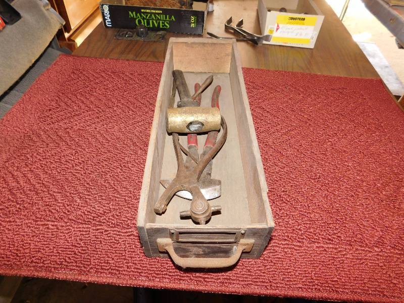 lot 19 image: Vintage tools, wood drawer fencing tool, leather hole punch