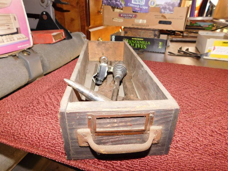lot 20 image: old wooden drawer and vintage tools