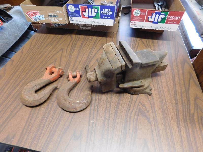 lot 63 image: vice and two large iron hooks
