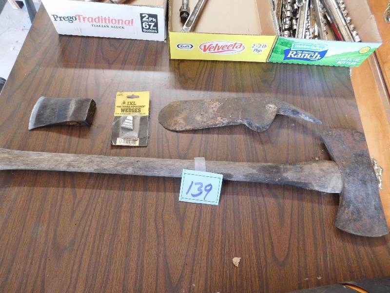lot 139 image: Axe with handle and two axe heads with one wedge