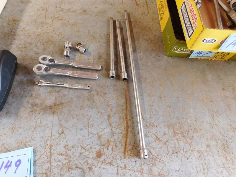 lot 149 image: two craftsman ratchets, 3 extensions, 1 t-handle, flex extension and flex socket