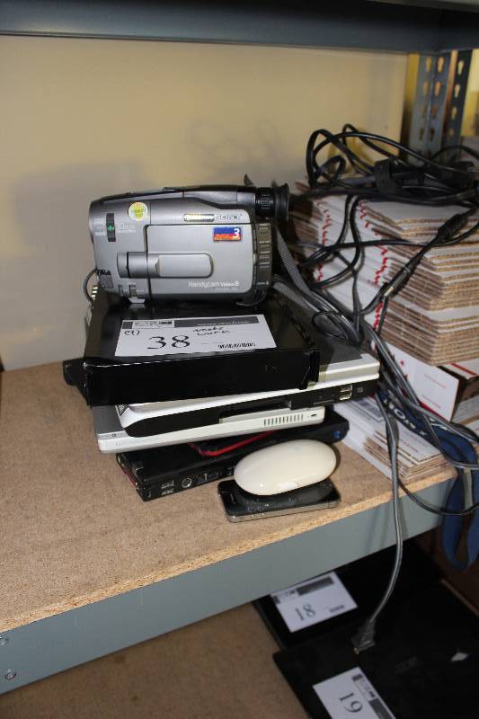 lot 38 image: Misc electronics for parts, Video camera, laptops, iphone, as is for parts