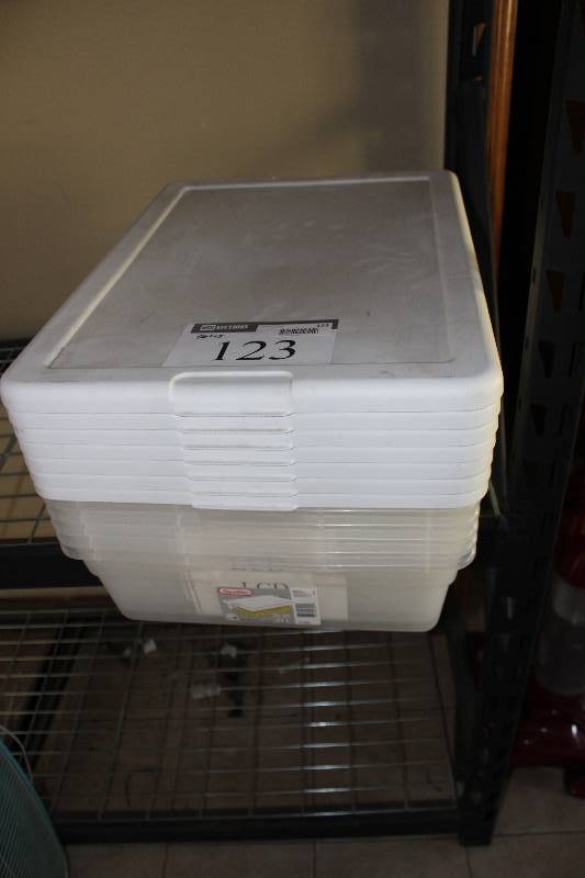 lot 123 image: clear plastic bins with white lids, tested