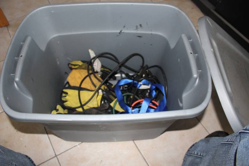 lot 99 image: ratchet straps, tie downs, in grey bin