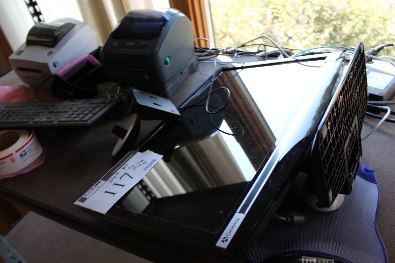 lot 117 image: Wide screen LCD monitor, OPS thermal printers with power cord, tested and operational