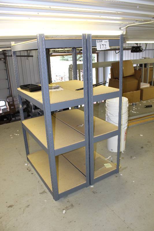 lot 172 image: 2 metal racks with wood shelving, tested and operational