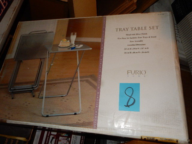 lot 8 image: Metal Tray Table Set.. 4 Metal With Silver Finish tables and stand