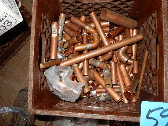 lot 59 image: 23 of a milk crate full of copper fittings.. I would say about 20-25lbs