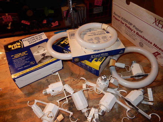 lot 85 image: Screw in Fluroescent  Adapters, 2 22 Watt 8 in Circular Fluorescent bulbs