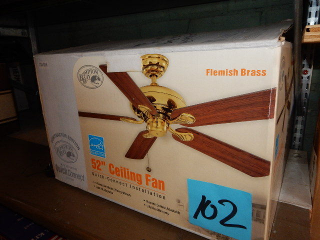 lot 102 image: Hampton Bay, 52 in, 5 Blade ceiling Fan.. Box open, but all appears to be there.