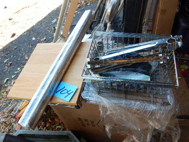 lot 104 image: Chrome Shelf with wood top and Shelf and baskets.. Wheels included