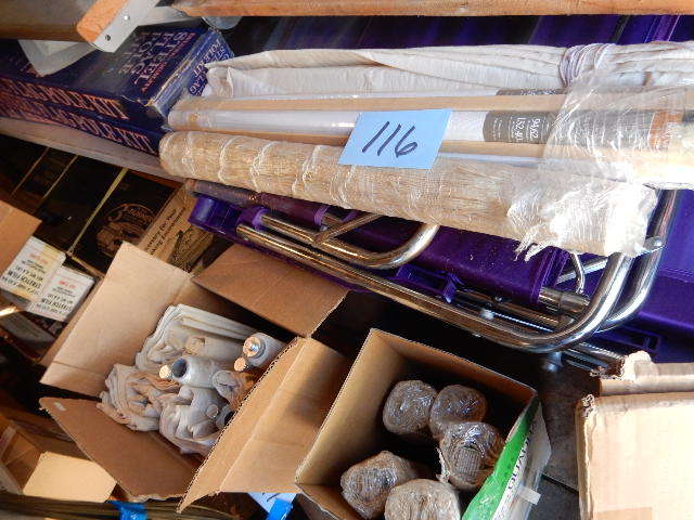 lot 116 image: 15 Blinds.. Regular vinyl shades,   Horizontal Dried Grass,  Cloth.  Cloth might have to be cleaned as they were not wrapped.  Others are wrapped and clean