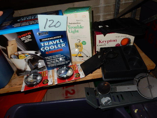 lot 120 image: Misc. Travel Items..  Portable Cooler, Lantern, Travel Trouble Light.. Misc. interior help items