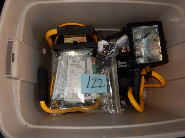 lot 122 image: 4, halogen work lights.. 2, table lamps with nice glass globes.. Need to be assembled.. Misc. Halogen Bulbs