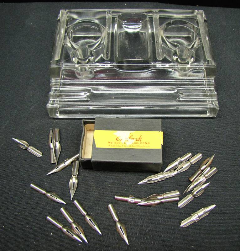lot 110 image: Vintage glass ink wellpen holder & box of tips