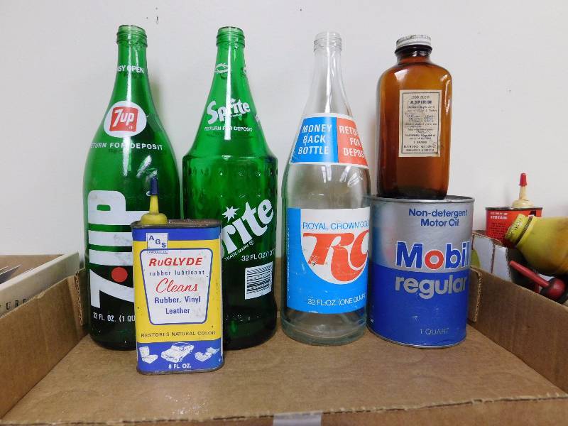 lot 26 image: vintage soda bottles, mobil oil can & more